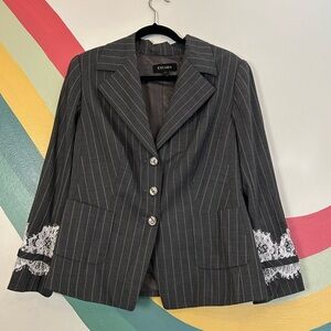 Escada Vintage Women’s Blazer Gray Pinstripes Wool Blend Lace Trim at Cuff